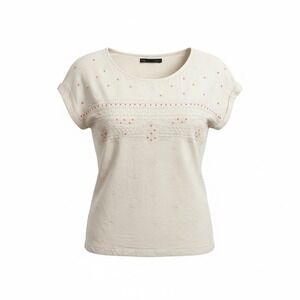 Sfera Womens Off White Embroidered Boho Blouse Short Sleeve Beaded Top Size S